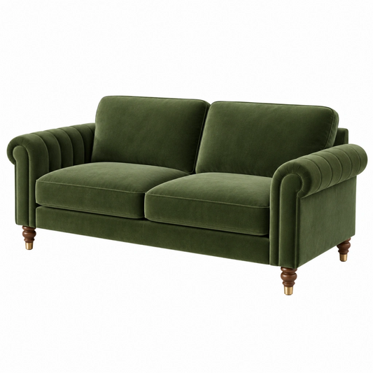 Divano 2 posti 180 cm in velluto verde con piedi in legno stile classico