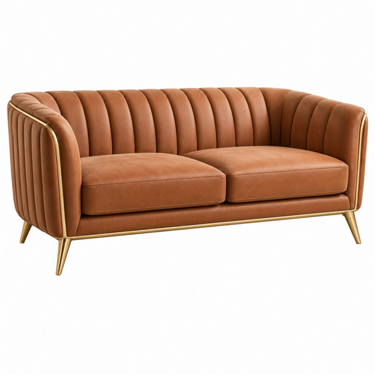 Divano 2 posti 180 cm in similpelle marrone con gambe dorate stile contemporaneo