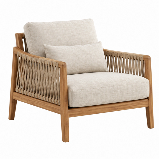 Poltrona 75 x 80 x 80 cm in legno naturale e corda con seduta imbottita stile moderno