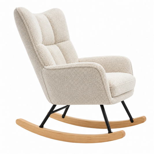 Sedia a dondolo 70 x 95 x 100 cm in tessuto bouclé avorio con base in legno e metallo