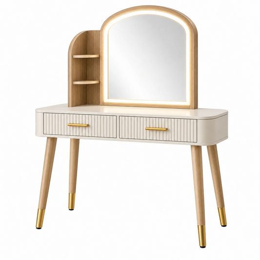 Tavolo da toeletta 100 x 45 x 145 cm in legno beige con specchio illuminato e 2 cassetti stile moderno