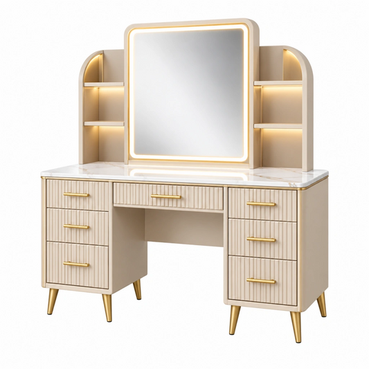 Toeletta 120 x 45 x 150 cm in legno ingegnerizzato beige con specchio LED e cassetti