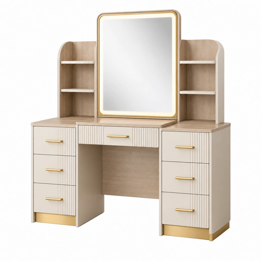 Toeletta con specchio 120 x 45 x 160 cm in legno ingegnerizzato avorio e rovere chiaro con cassetti stile moderno