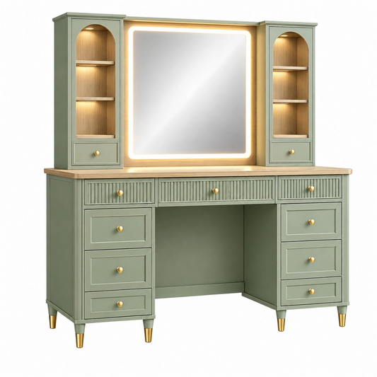 Toeletta con specchio 150 x 45 x 180 cm in legno verde salvia con illuminazione