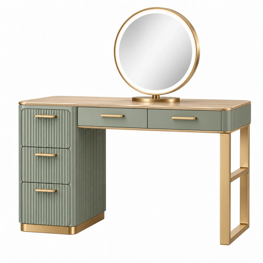 Toeletta 120 x 45 x 130 cm verde salvia e oro con specchio cassetti e piano effetto legno