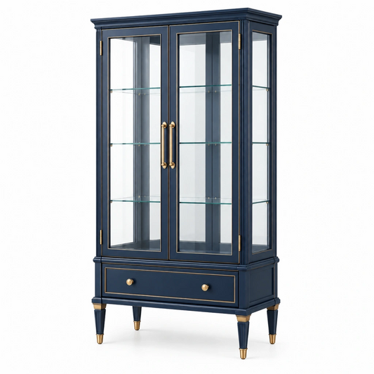 Vetrina 90 x 45 x 190 cm in legno blu con vetro stile classico