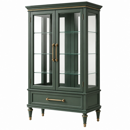 Vetrina 80 x 40 x 180 cm in legno verde scuro con vetro - classica con cassetto