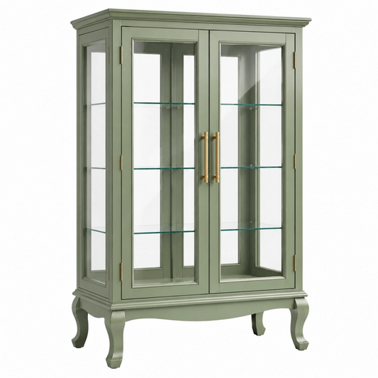 Vetrina 90 x 40 x 170 cm in legno verde salvia con vetro - stile classico per soggiorno