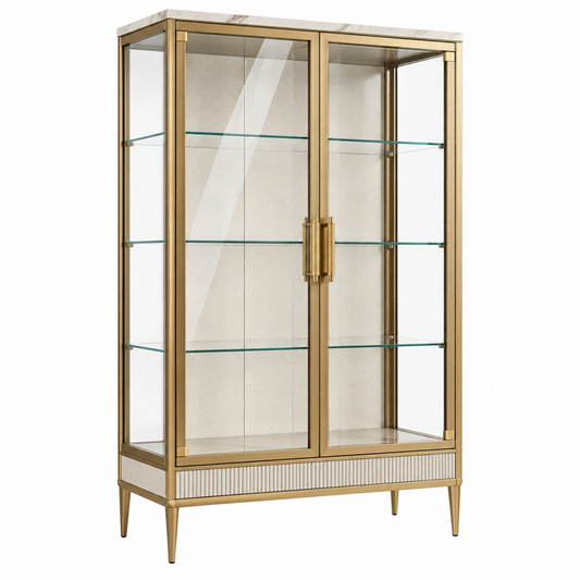 Vetrina 100 x 40 x 180 cm in metallo e vetro beige oro e trasparente con 2 ante stile moderno