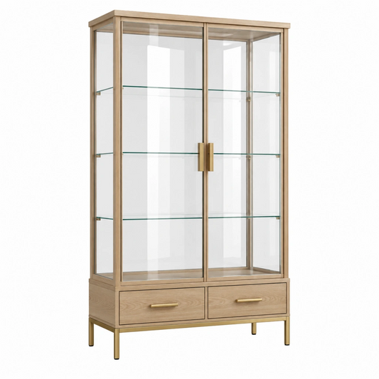 Vetrina 100 x 40 x 180 cm in legno e vetro trasparente con cassetti stile moderno