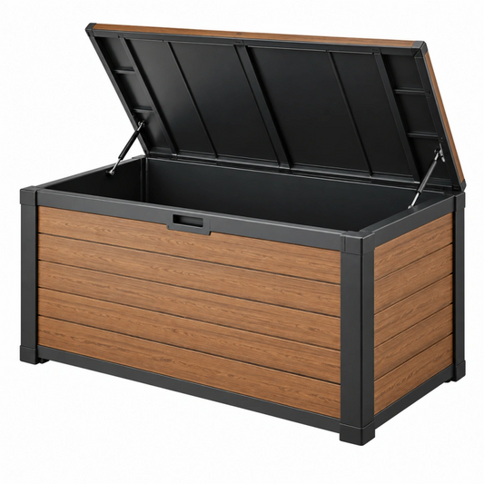 Cassapanca da esterno 130 x 64 x 75 cm in metallo marrone e nero con coperchio sollevabile
