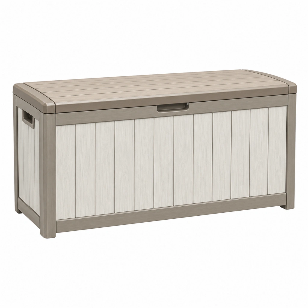 Baule contenitore da esterno 120 x 55 x 60 cm in resina grigio tortora effetto legno con coperchio