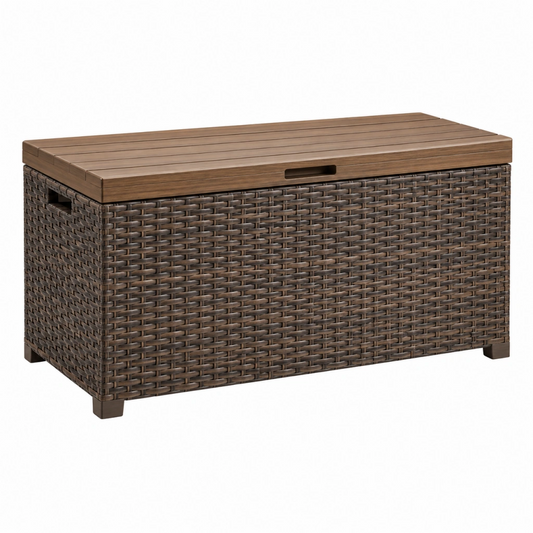 Cassapanca contenitore da esterno 120 x 60 x 60 cm in rattan sintetico marrone con coperchio effetto legno