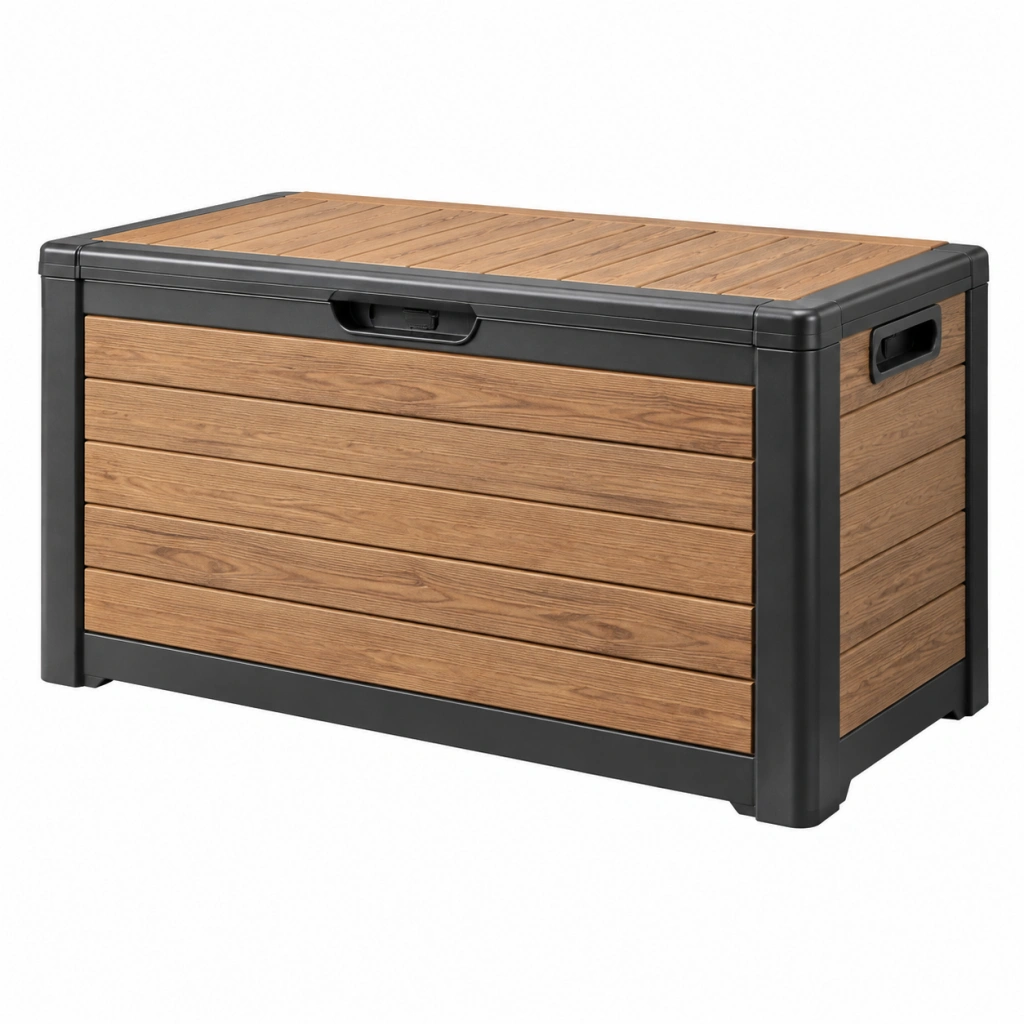 Baule contenitore da esterno 120 x 60 x 65 cm in resina effetto legno marrone e nero - stile moderno