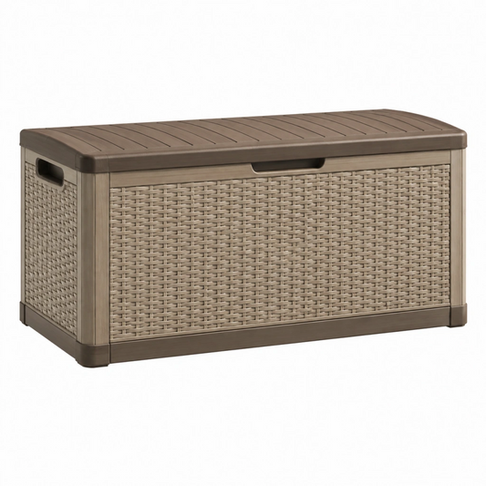 Cassapanca da esterno 116 x 53 x 60 cm in resina marrone effetto rattan con coperchio
