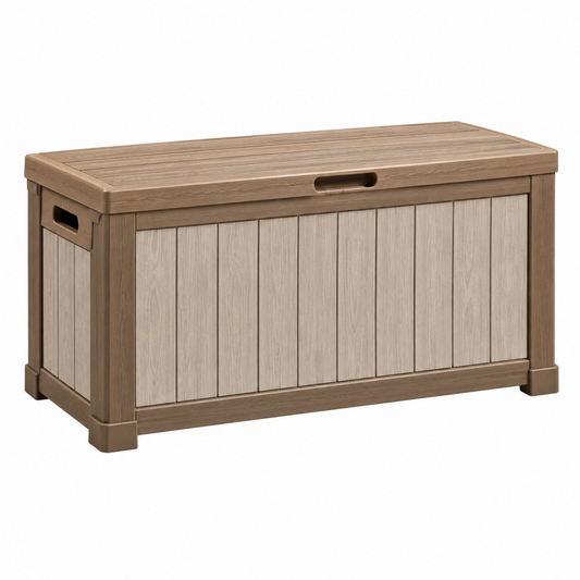 Cassapanca da esterno 120 x 60 x 63 cm in resina marrone effetto legno con coperchio