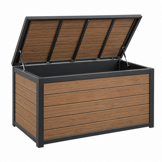 Cassapanca da esterno 120x60x63 cm in metallo marrone e nero con coperchio sollevabile