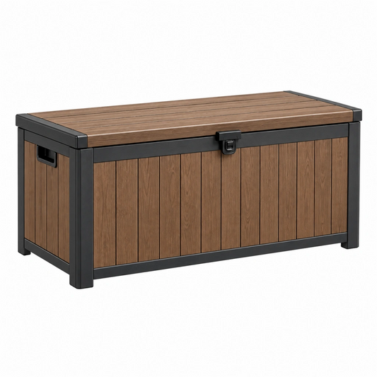 Cassapanca contenitore da esterno 120 x 60 x 63 cm in plastica effetto legno marrone e nero con coperchio