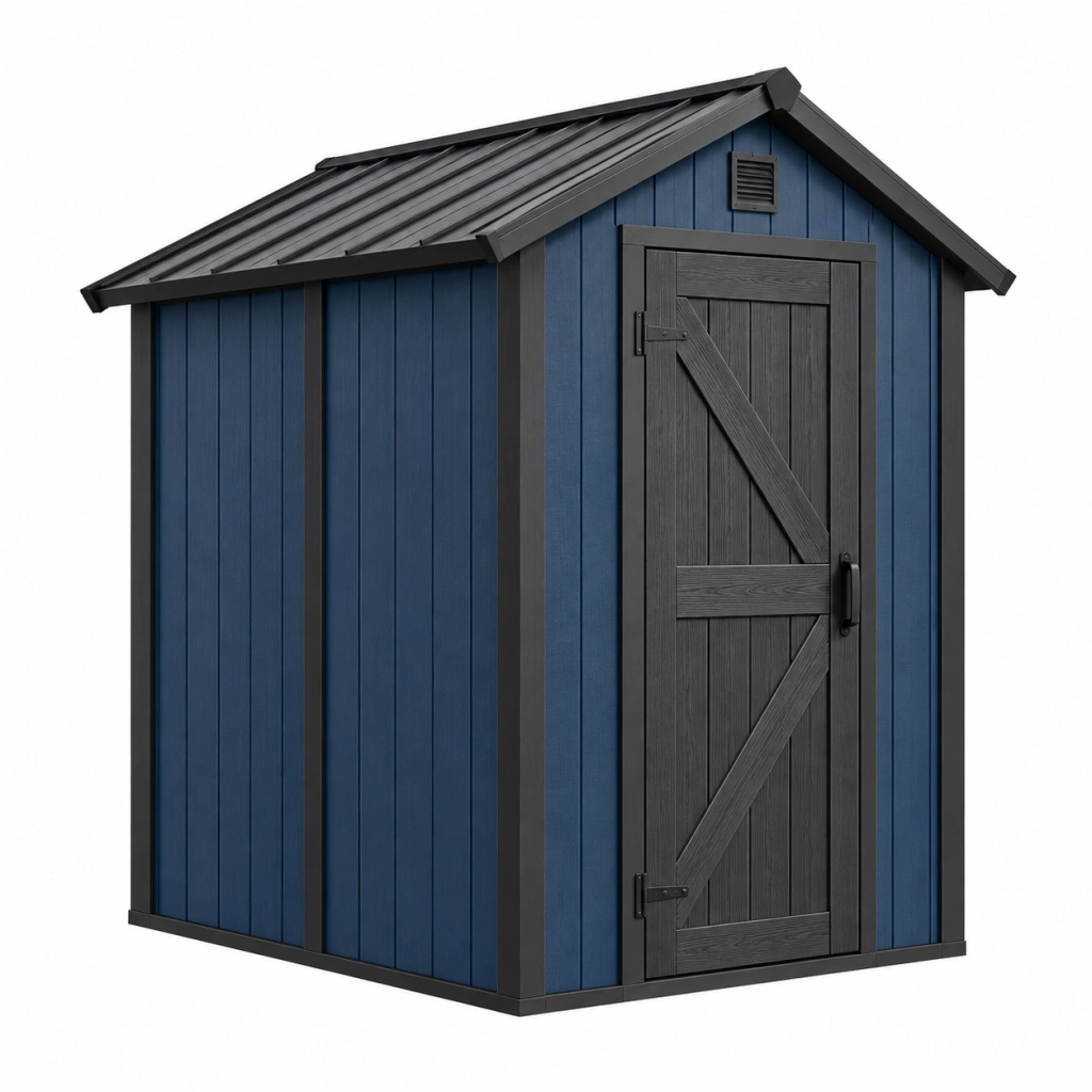 Casetta da giardino 180 x 120 x 190 cm in resina blu e nera con porta singola e ventilazione