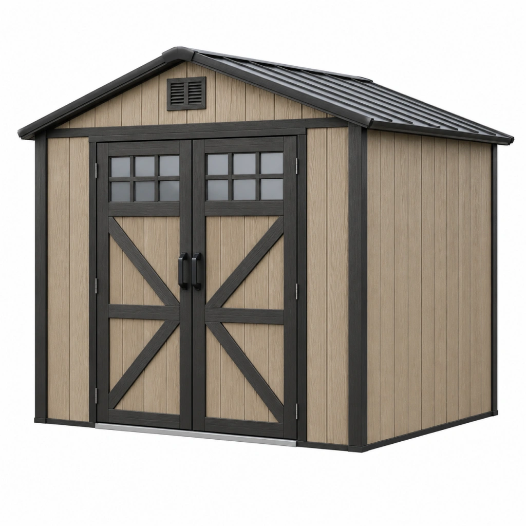 Casetta da giardino 185 x 110 x 190 cm in resina beige e nero con doppia porta