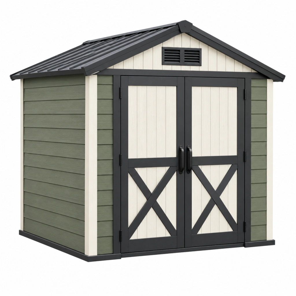 Casetta da giardino 185 x 122 x 196 cm in resina verde oliva e bianco con doppia porta ventilata