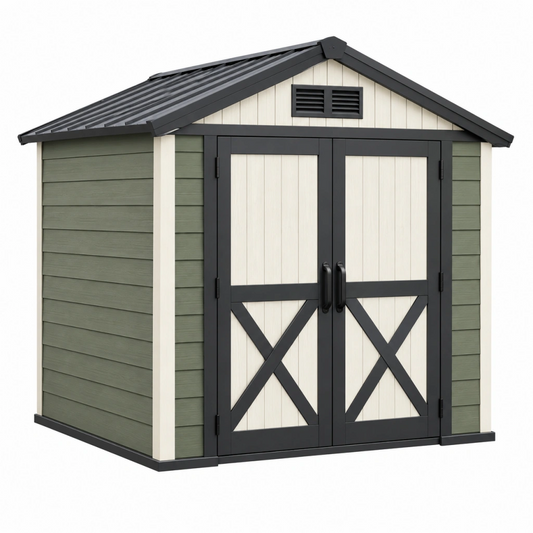 Casetta da giardino 185 x 122 x 196 cm in resina verde oliva e bianco con doppia porta ventilata