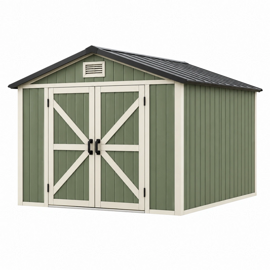 Casetta da giardino 240x180x220 cm in legno verde salvia con doppia porta e tetto a due falde